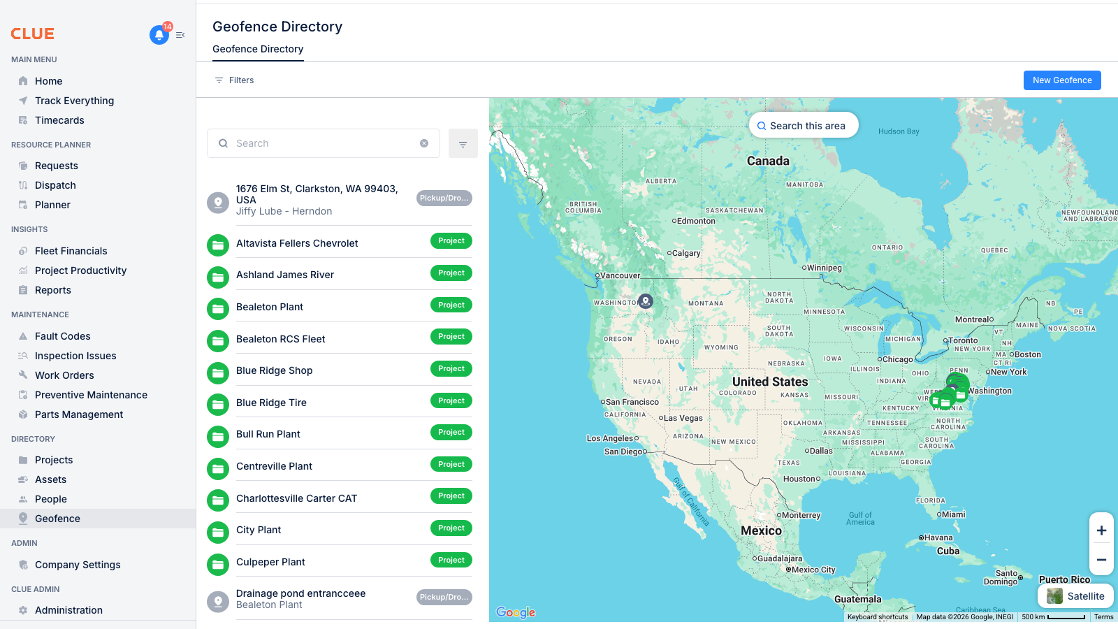 Geofence Directory showing list of geofences and map view