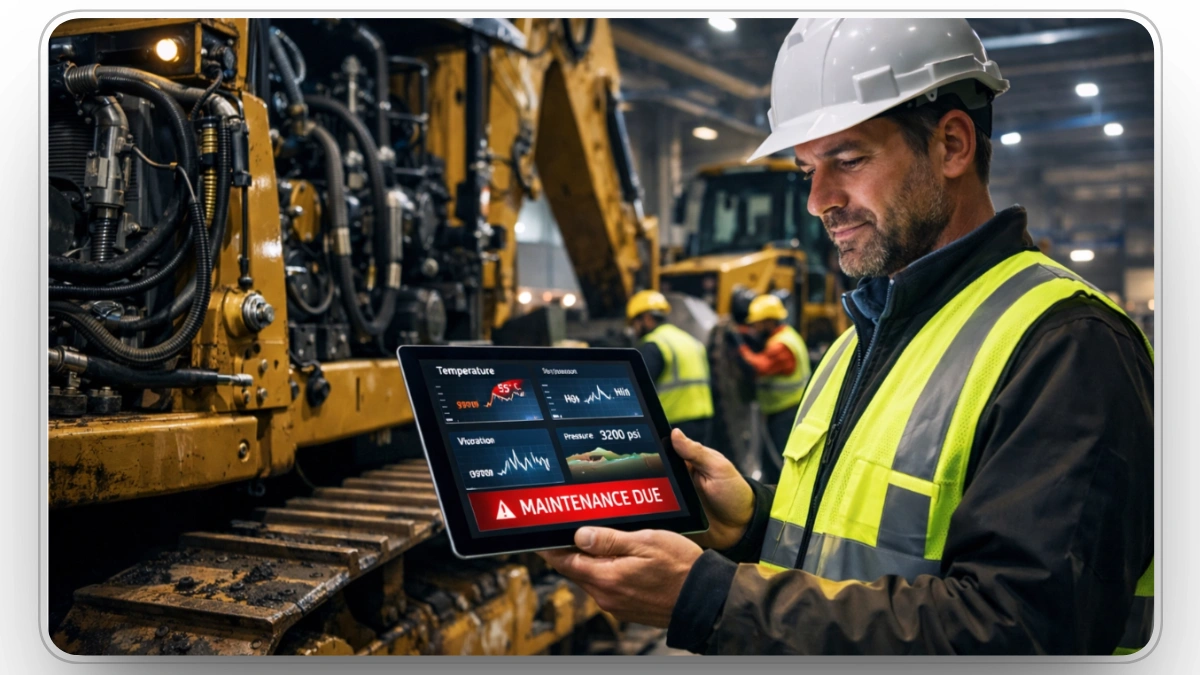 Technician using tablet for maintenance diagnostics on construction equipment.