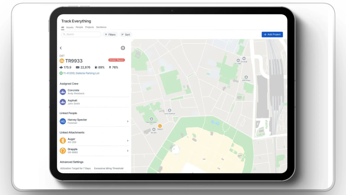 Equipment status and location tracking on Clue’s map interface.