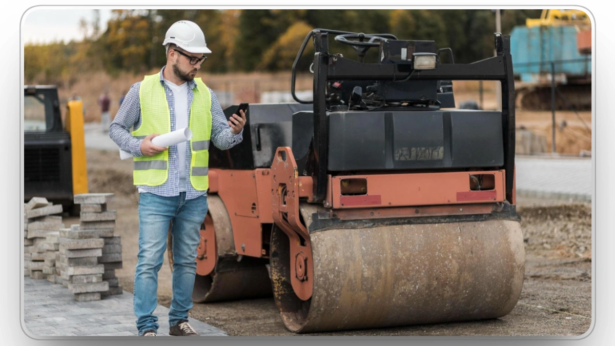 Worker using tablet to monitor construction equipment on site.