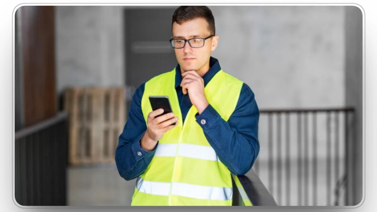 Construction worker checking his smartphone on a construction site.