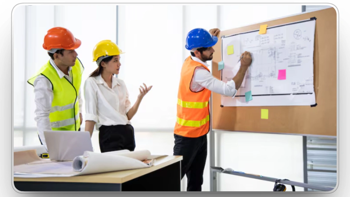 Team of construction workers discussing plans on a board at a construction site.