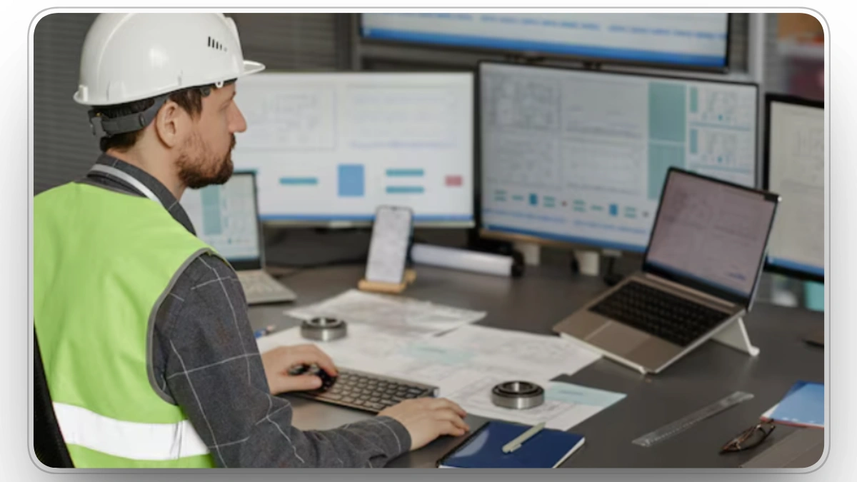 Construction worker reviewing blueprints and working with multiple computer screens.