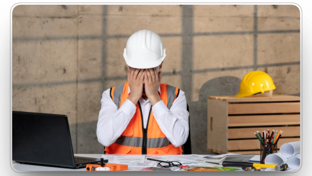 Stressed construction manager overwhelmed by maintenance backlog tasks