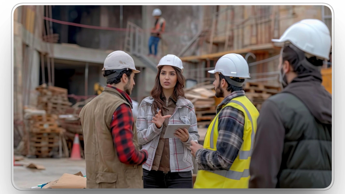 Construction team discussing project with safety gear and tablet on site.