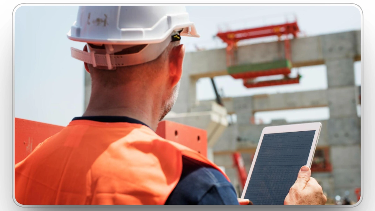 Construction worker reviewing plans on tablet.