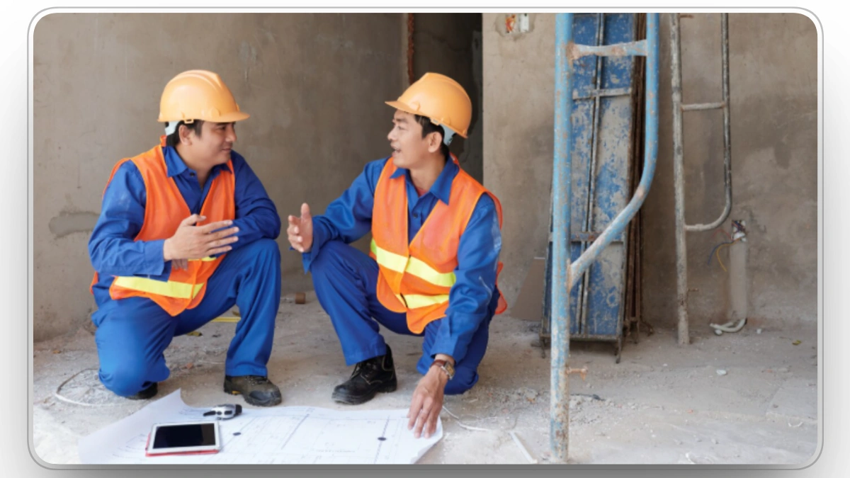 Two construction workers reviewing blueprints and discussing the project on-site.