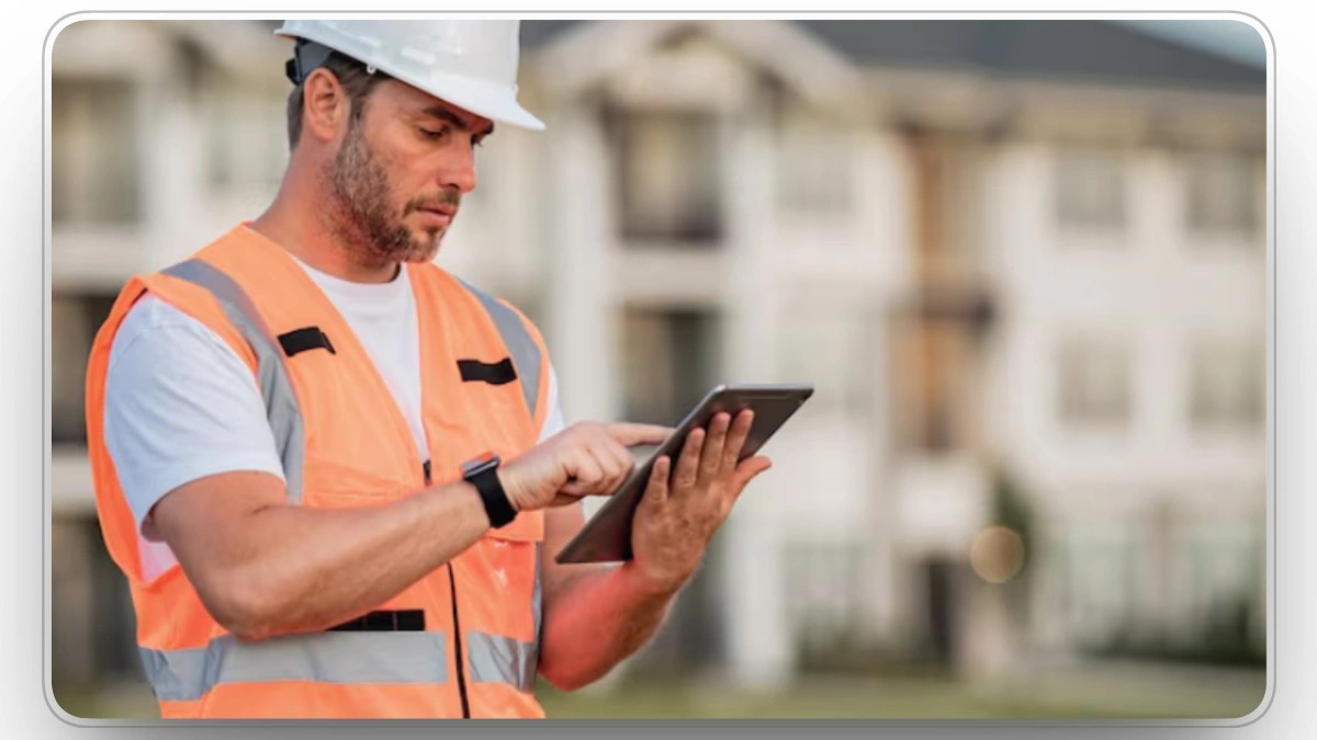 Worker using tablet to manage construction tasks on-site.