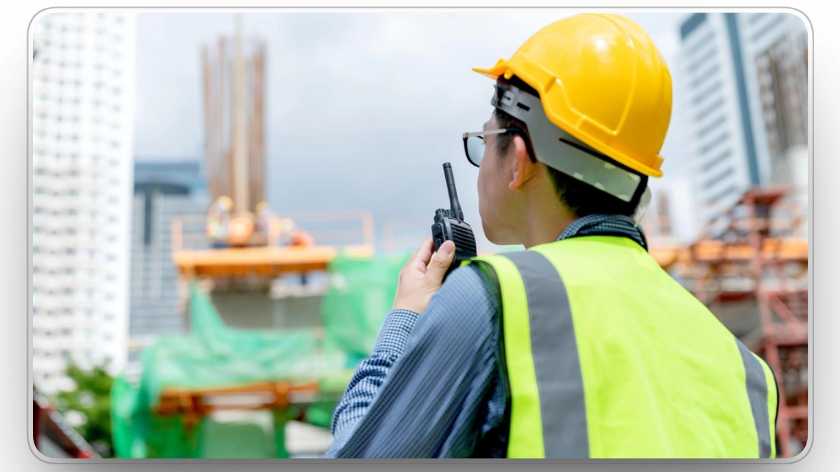 Construction manager communicating with a walkie-talkie on site.
