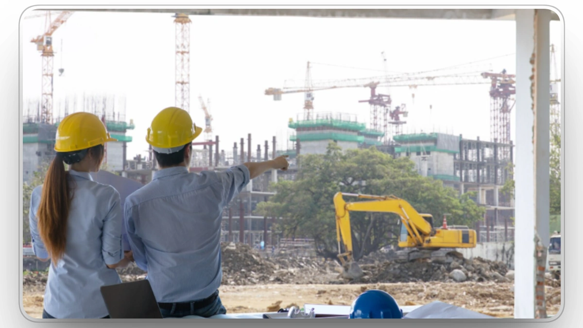 Construction worker reviewing site plans in a quarry.