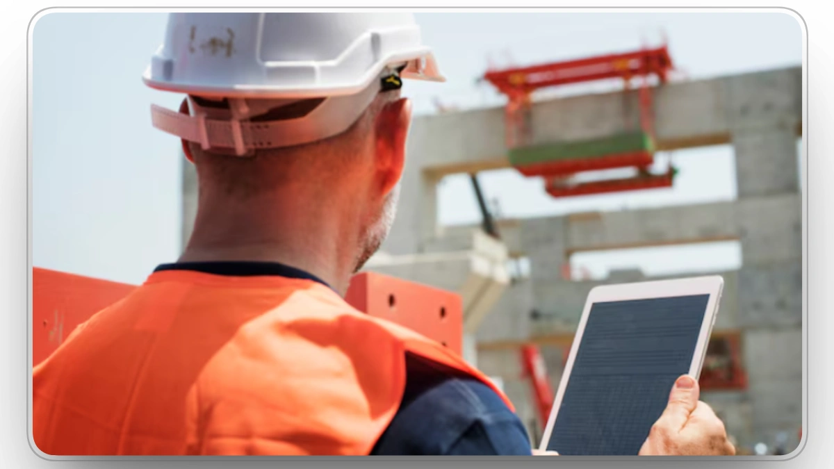 Construction supervisor using a tablet to monitor site progress.