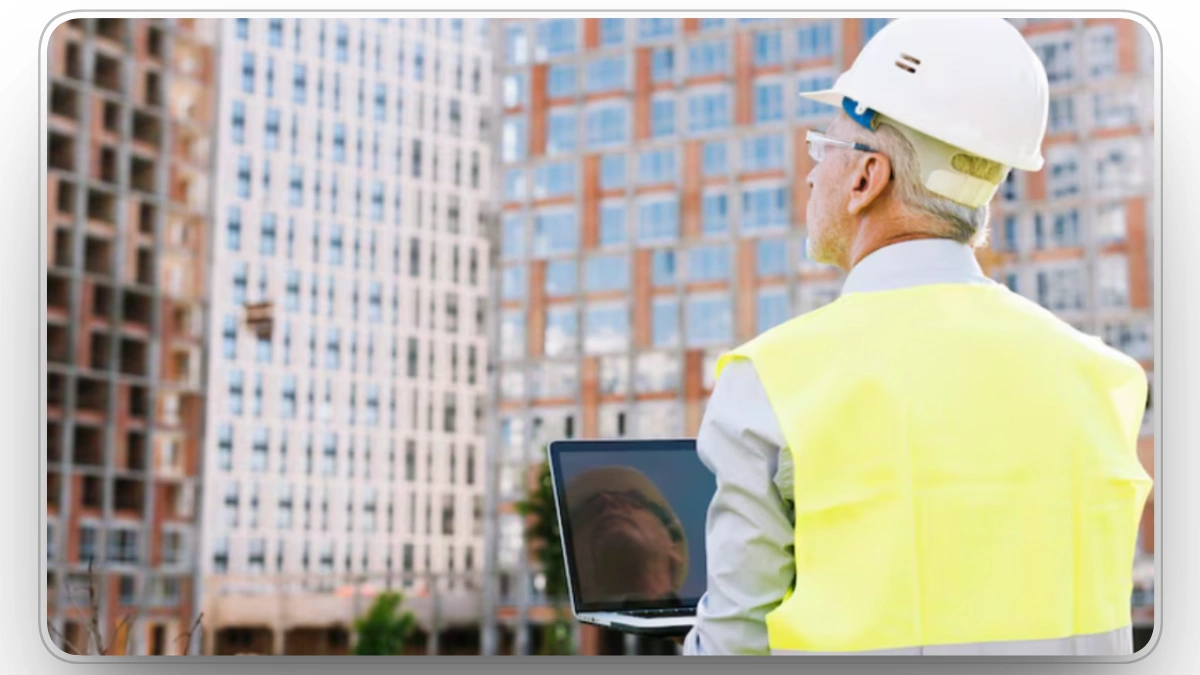 Construction worker inspecting equipment and using a tablet for field activity.