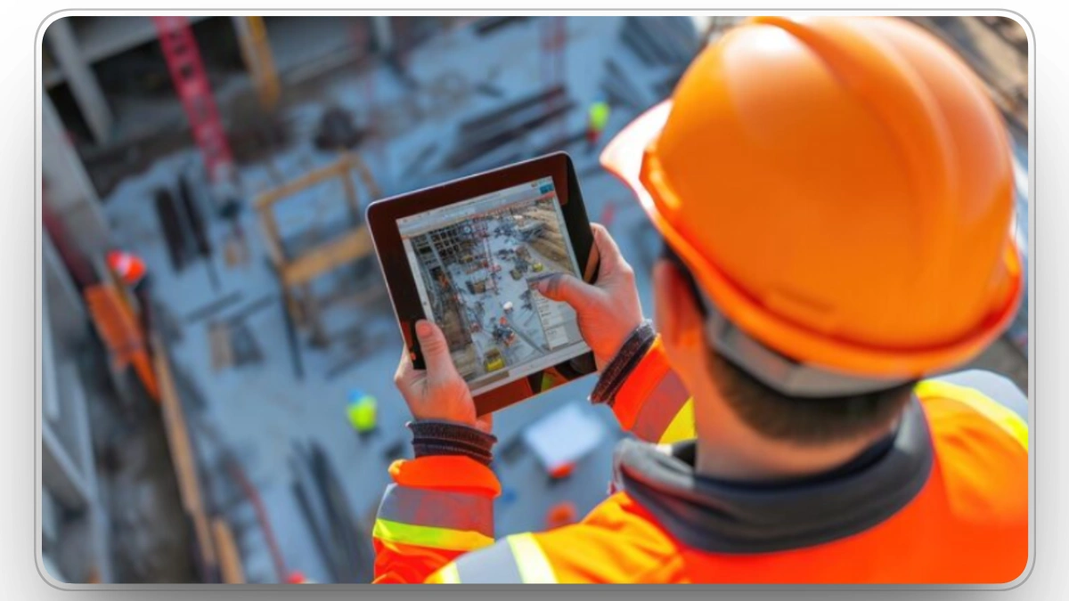 Construction worker checking site details on a tablet for project management.