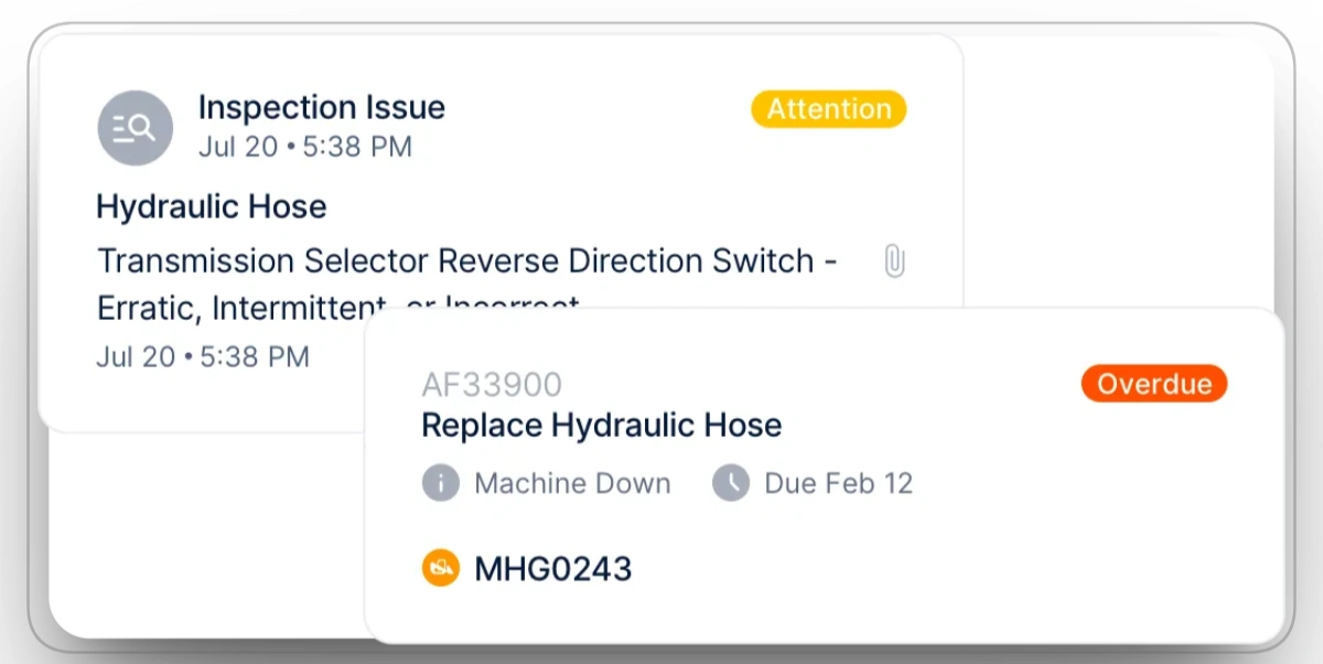 Inspection alert showing hydraulic hose issue on a mobile device.