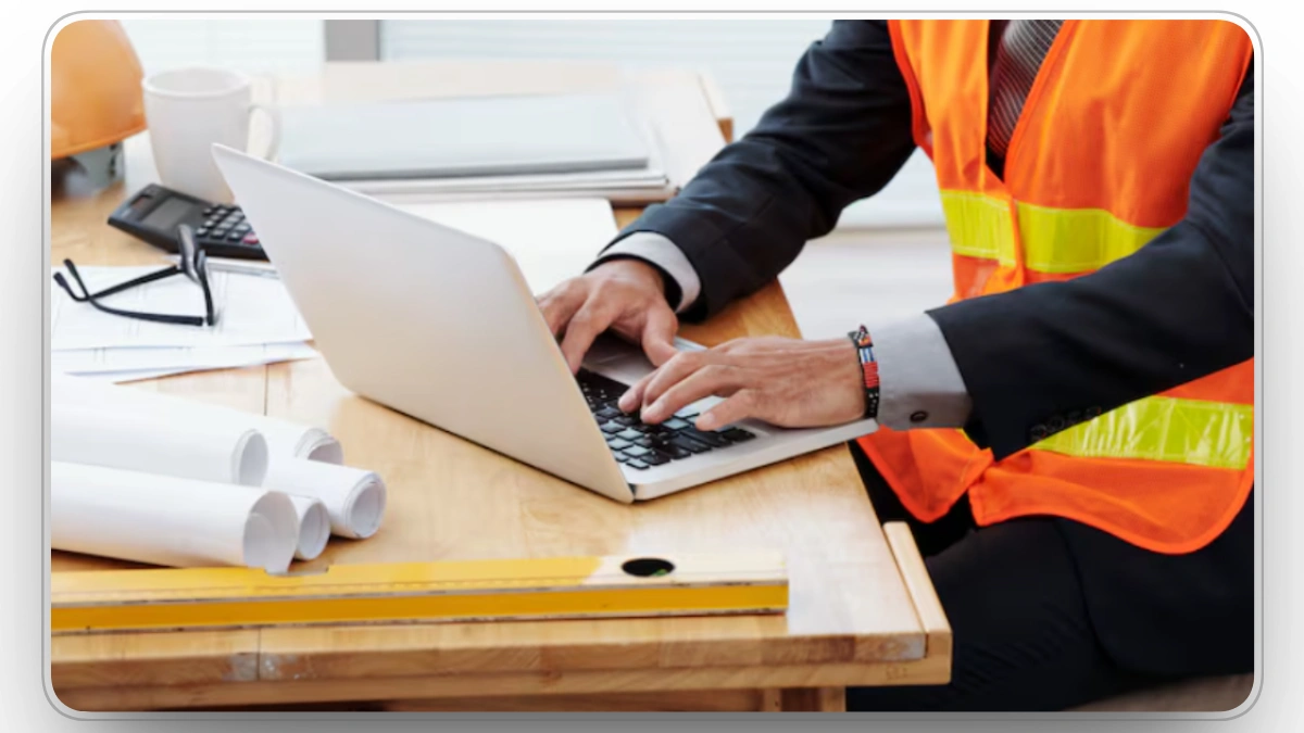 Construction workers using communication devices to coordinate on-site activities.
