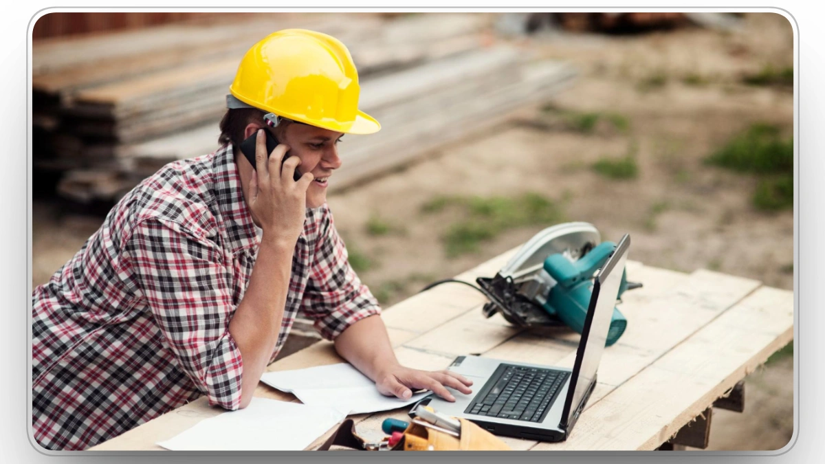 Construction worker talking on the phone while managing paperwork on-site.