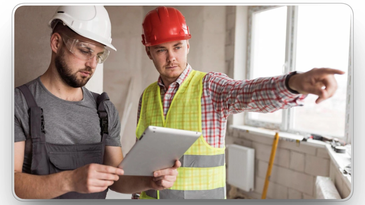 Two construction workers reviewing plans with a tablet on the construction site.