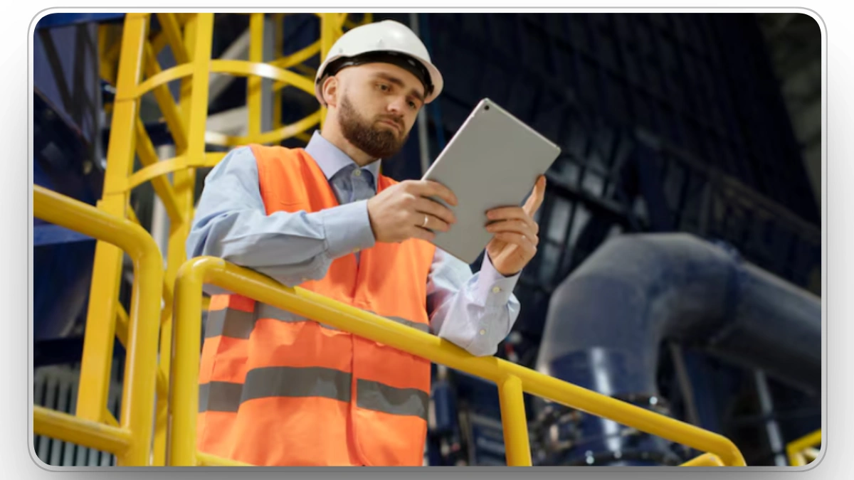 Construction worker using tablet while checking equipment in a factory.