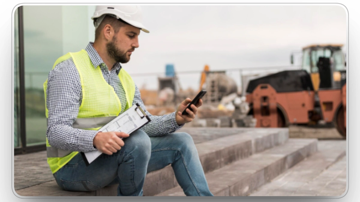 Construction worker sitting with a tablet and maintenance checklist on-site.