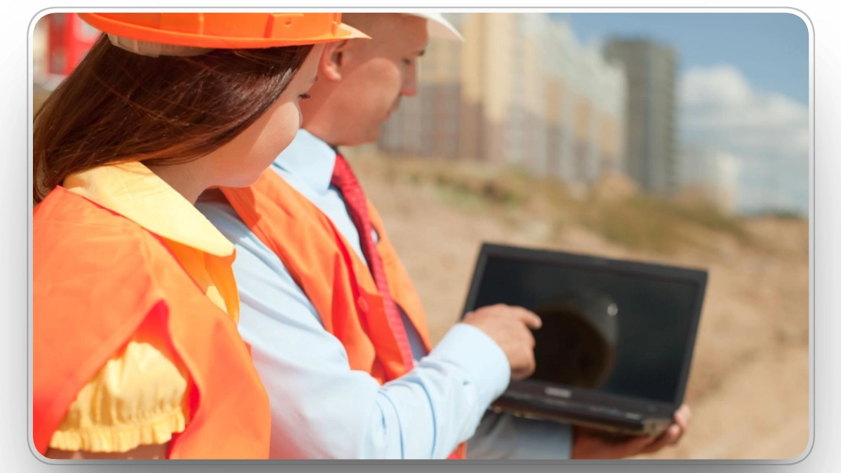 Construction team discussing project details on a laptop