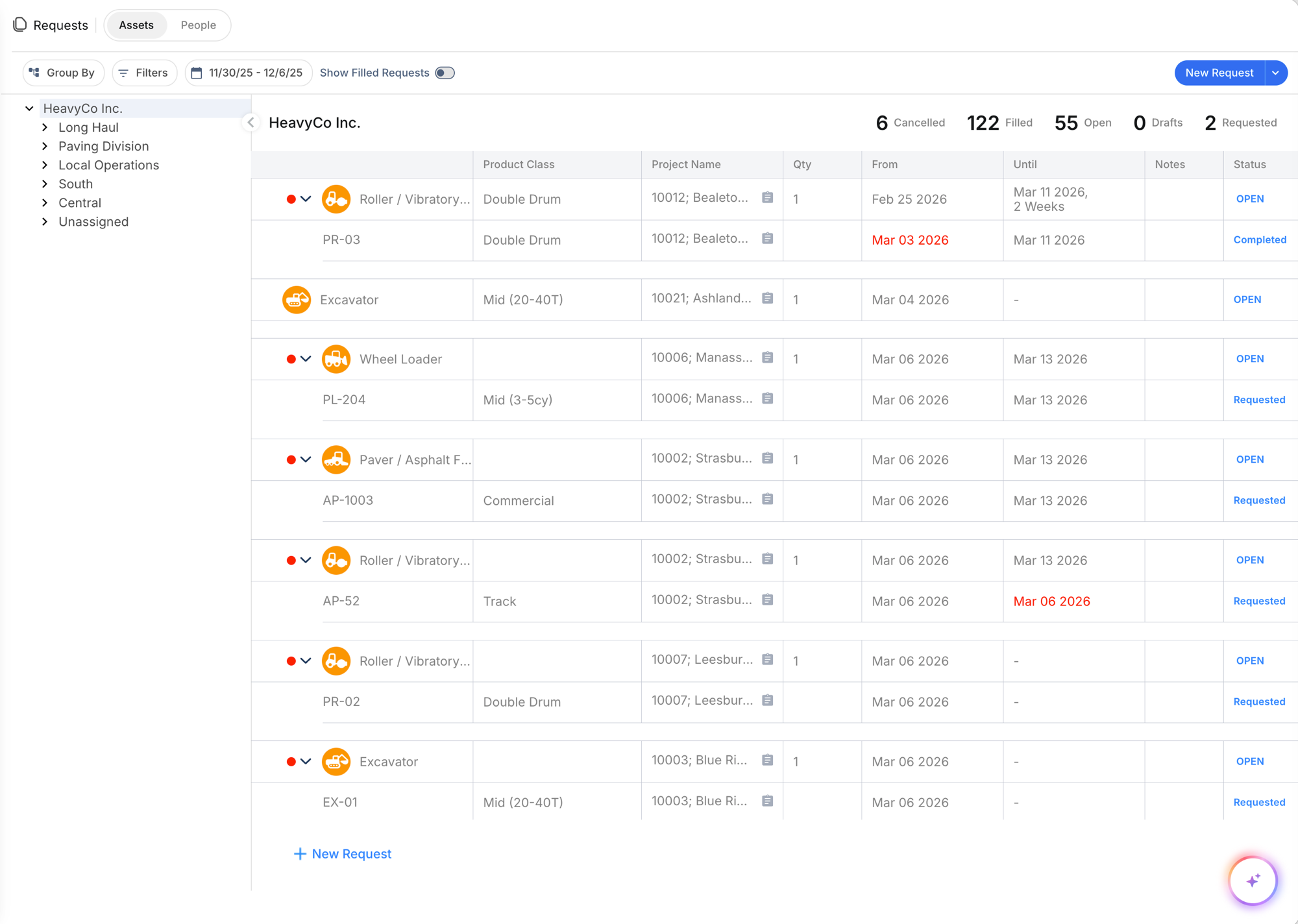 Requests page showing the Time Frame date picker with Week view selected