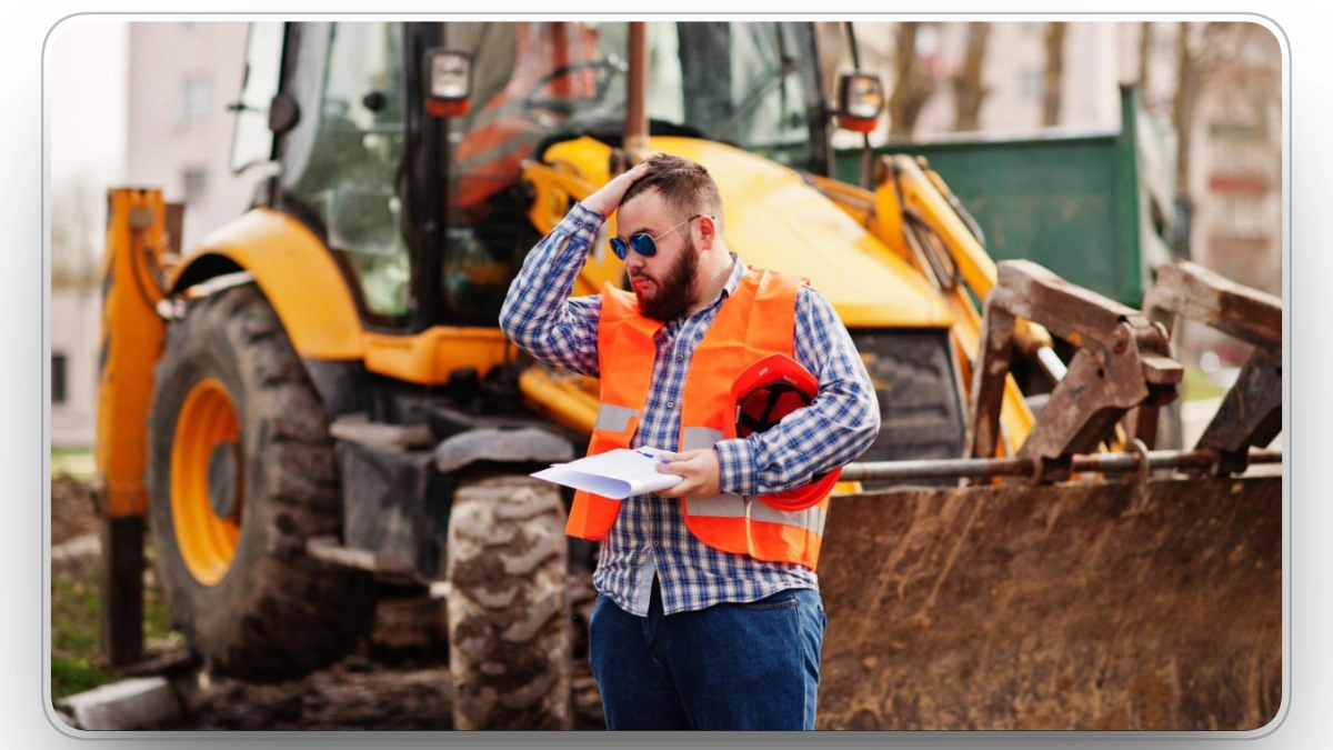 Worker stressed while inspecting construction equipment for malfunctions.