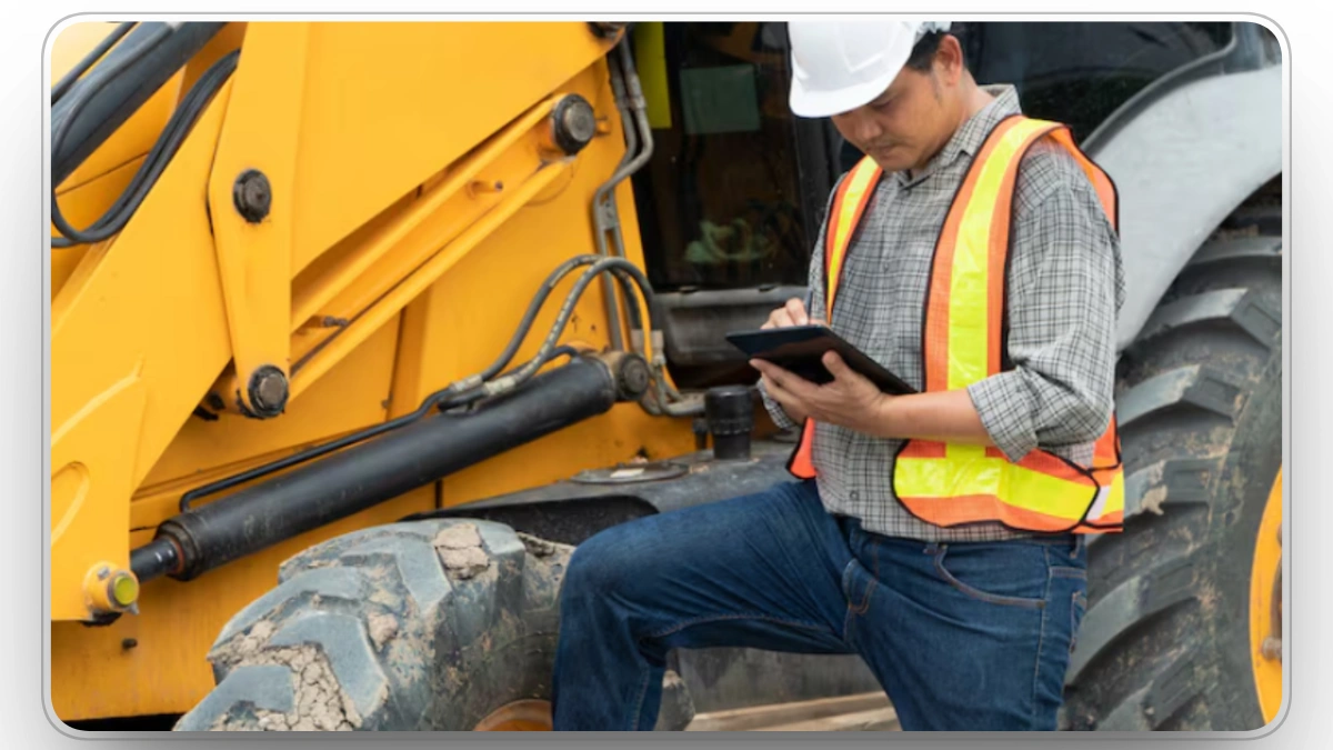 Construction worker using a tablet to check machinery status during maintenance.