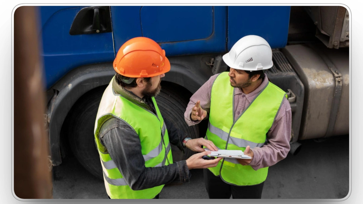 Two construction workers discussing equipment maintenance on-site.