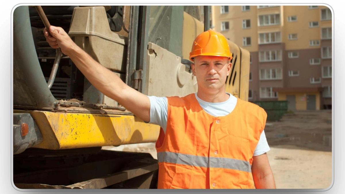 Construction worker inspecting equipment for potential issues.