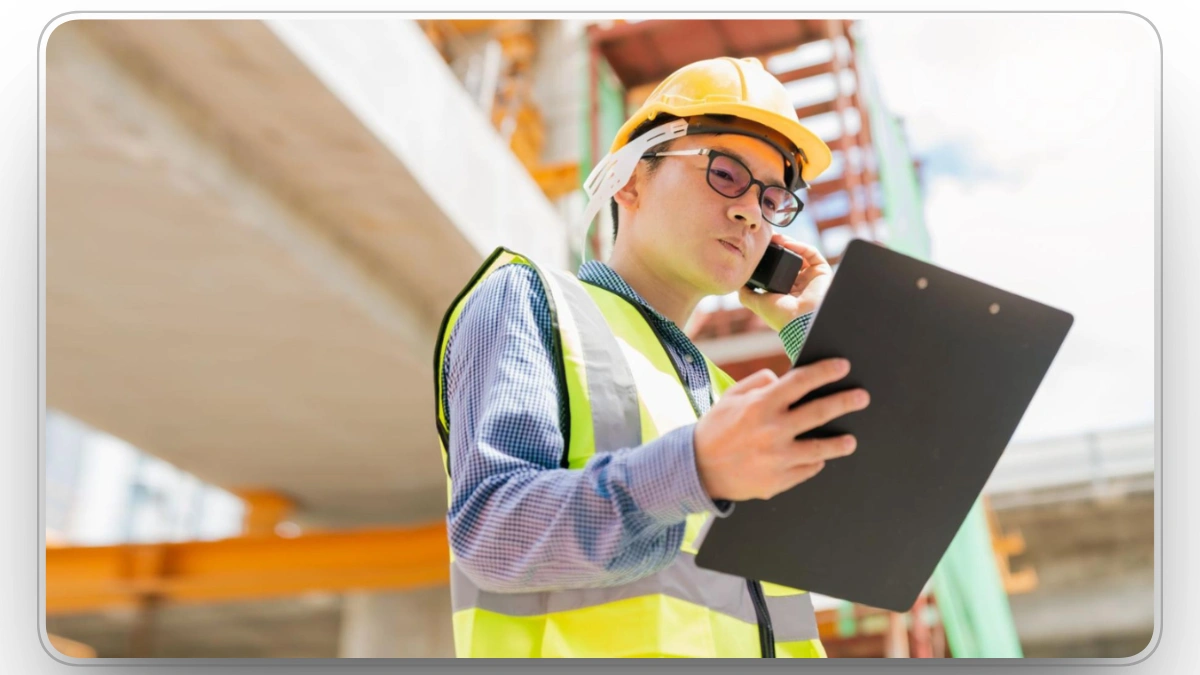 Field engineer checking maintenance records on a construction site