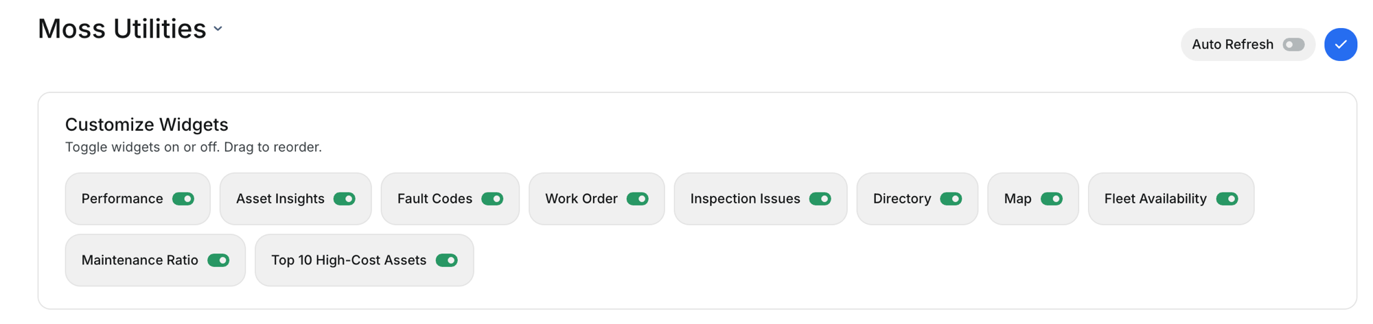 Customize Widgets panel with toggle switches