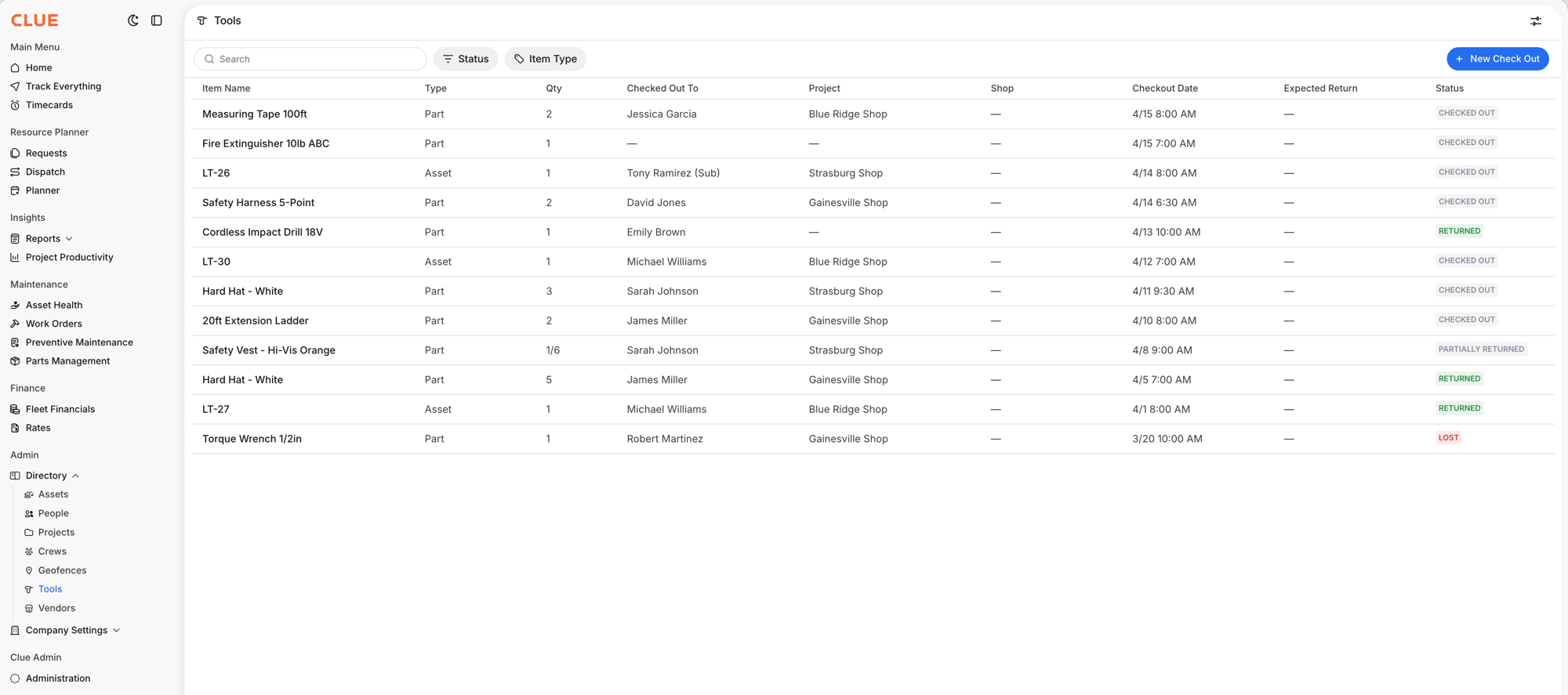 Tools table showing checked out items with status, type, and dates