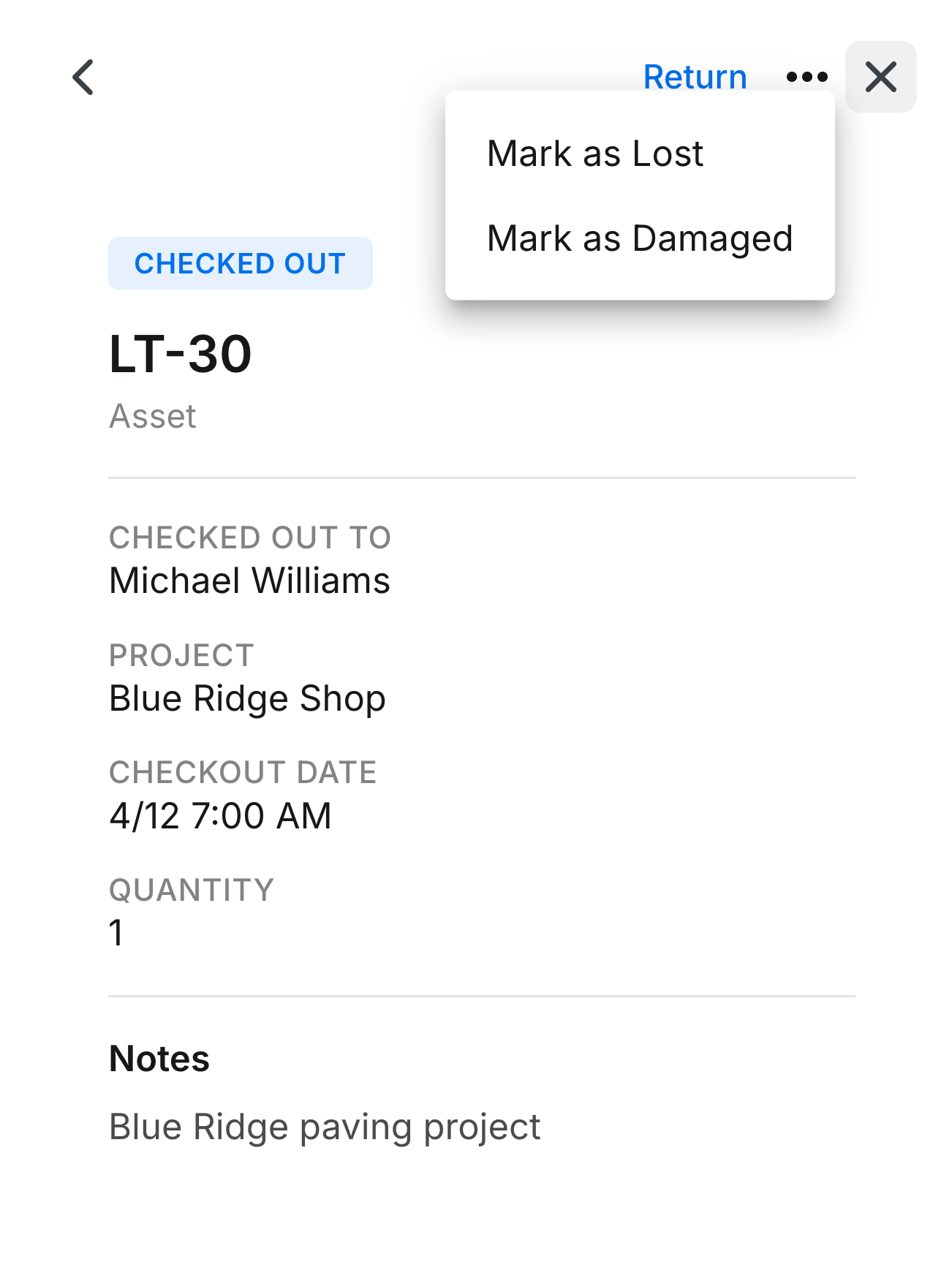 Tools detail side panel showing check-out information