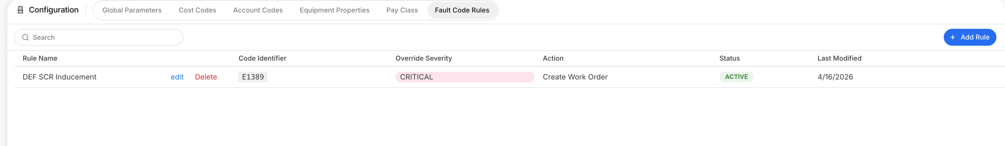 Fault Code Rules tab showing a DEF SCR Inducement rule with Critical severity and Create Work Order action