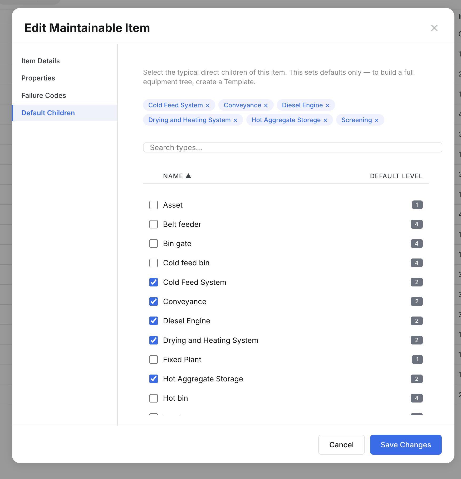 Edit Maintainable Item showing Default Children with Cold Feed System, Conveyance, Diesel Engine selected
