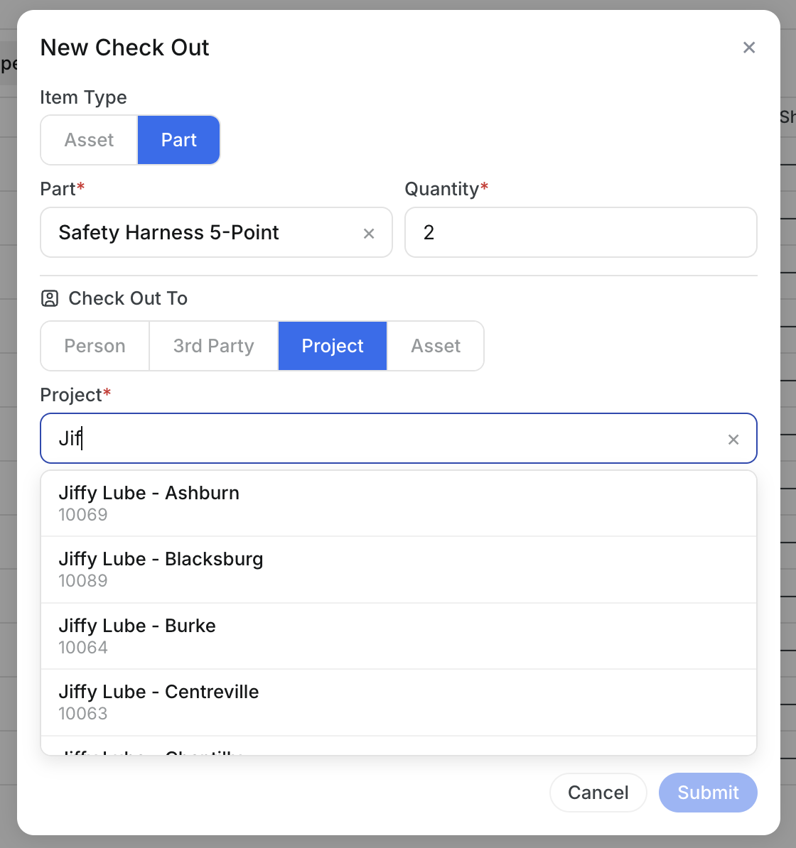 New Check Out form with Project tab showing searchable project dropdown with Jiffy Lube locations