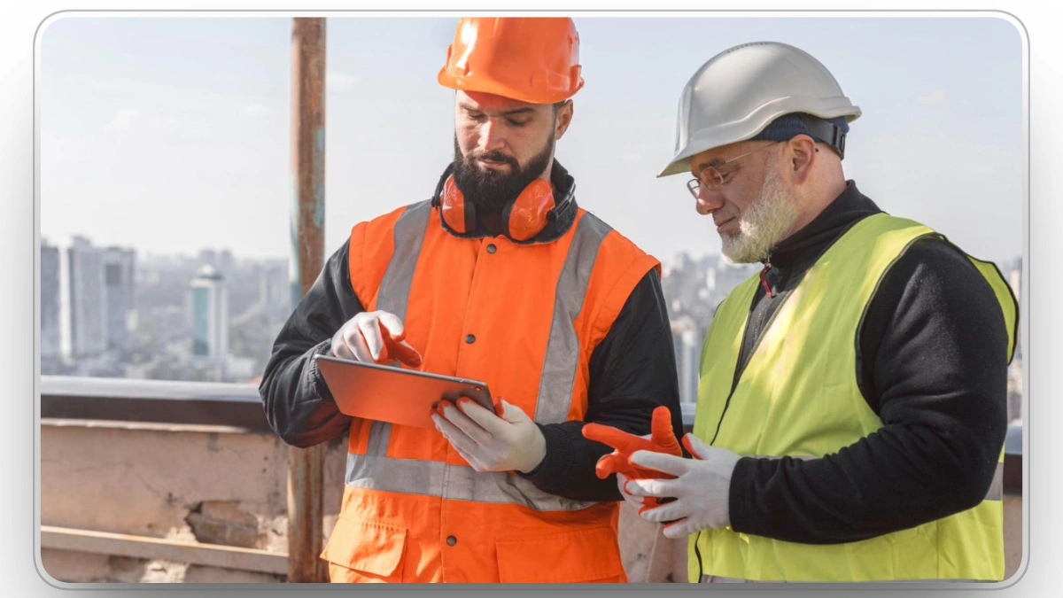 Construction workers discussing plans using a tablet on-site.