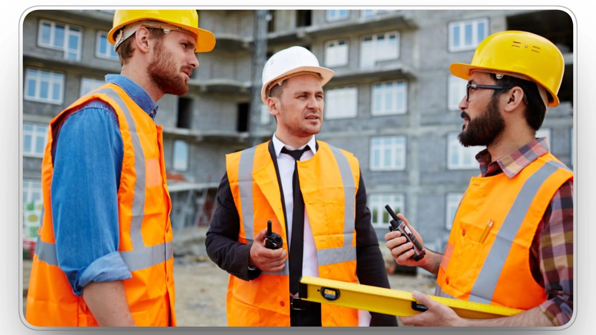 Three construction workers collaborating on-site with safety equipment.