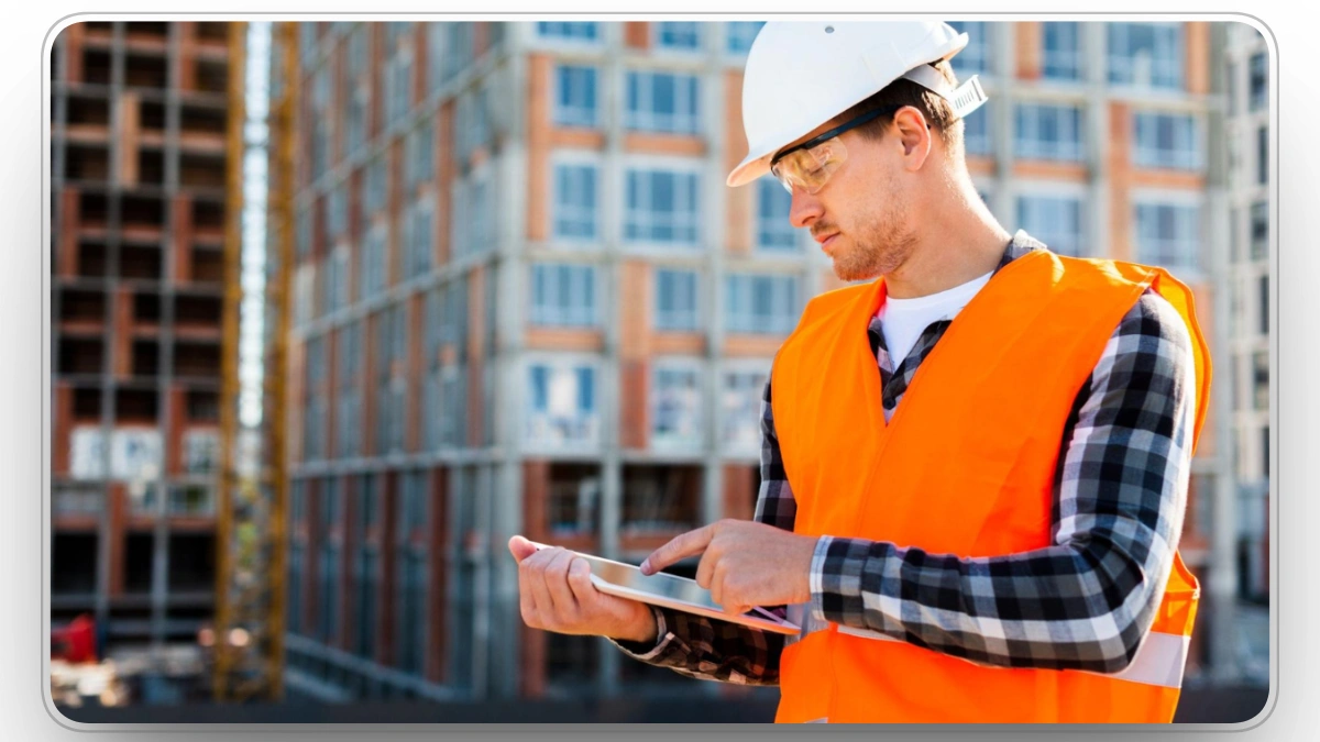 Construction worker interacting with a tablet on a building site.