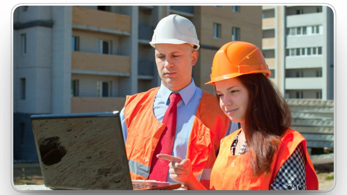 Construction managers reviewing plans using a laptop on-site.