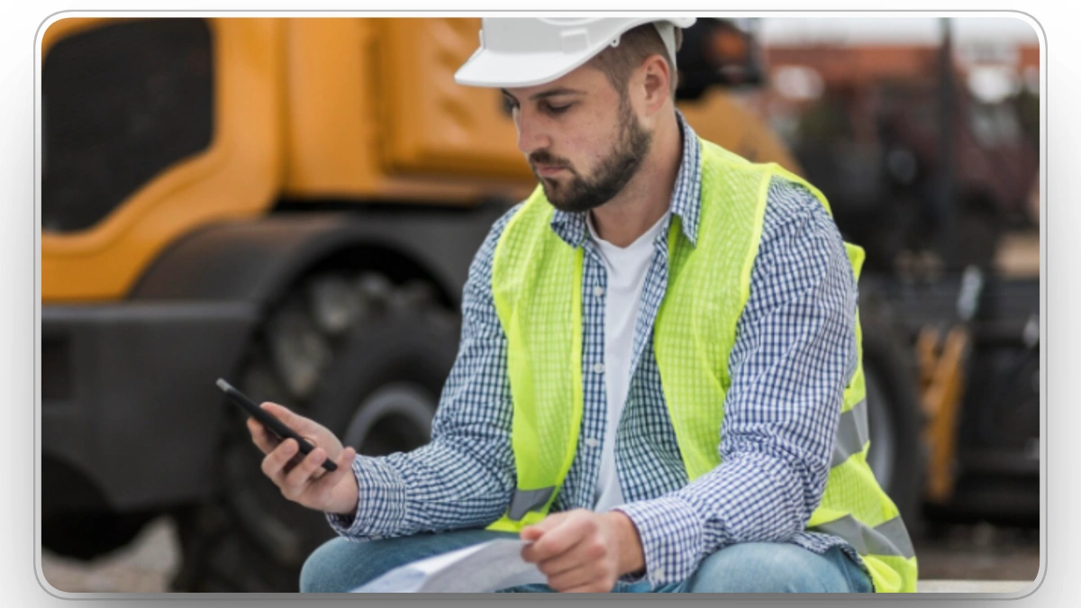 Construction worker using a phone while sitting on-site with machinery.