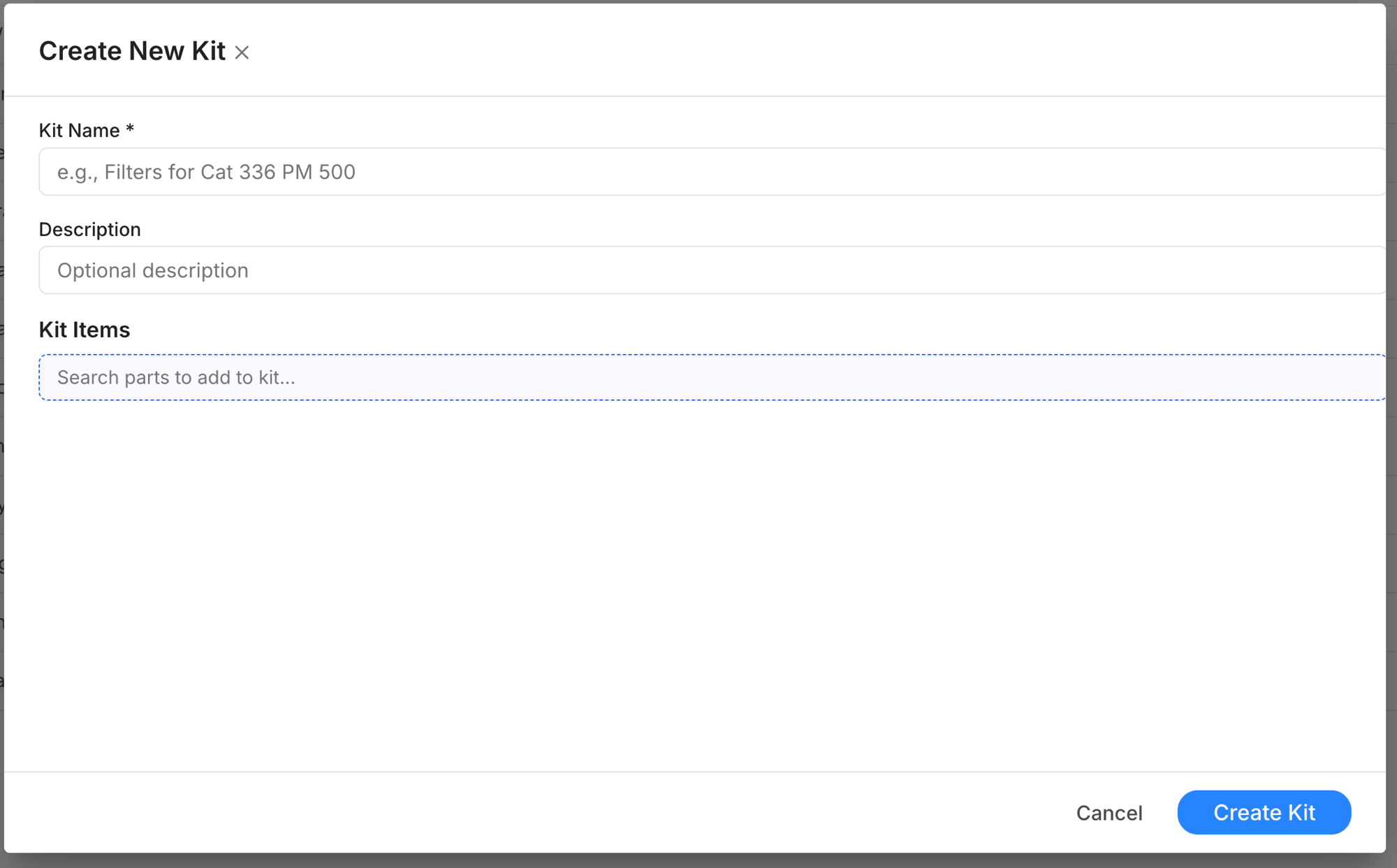 Create New Kit dialog with Kit Name, Description, and Kit Items search field