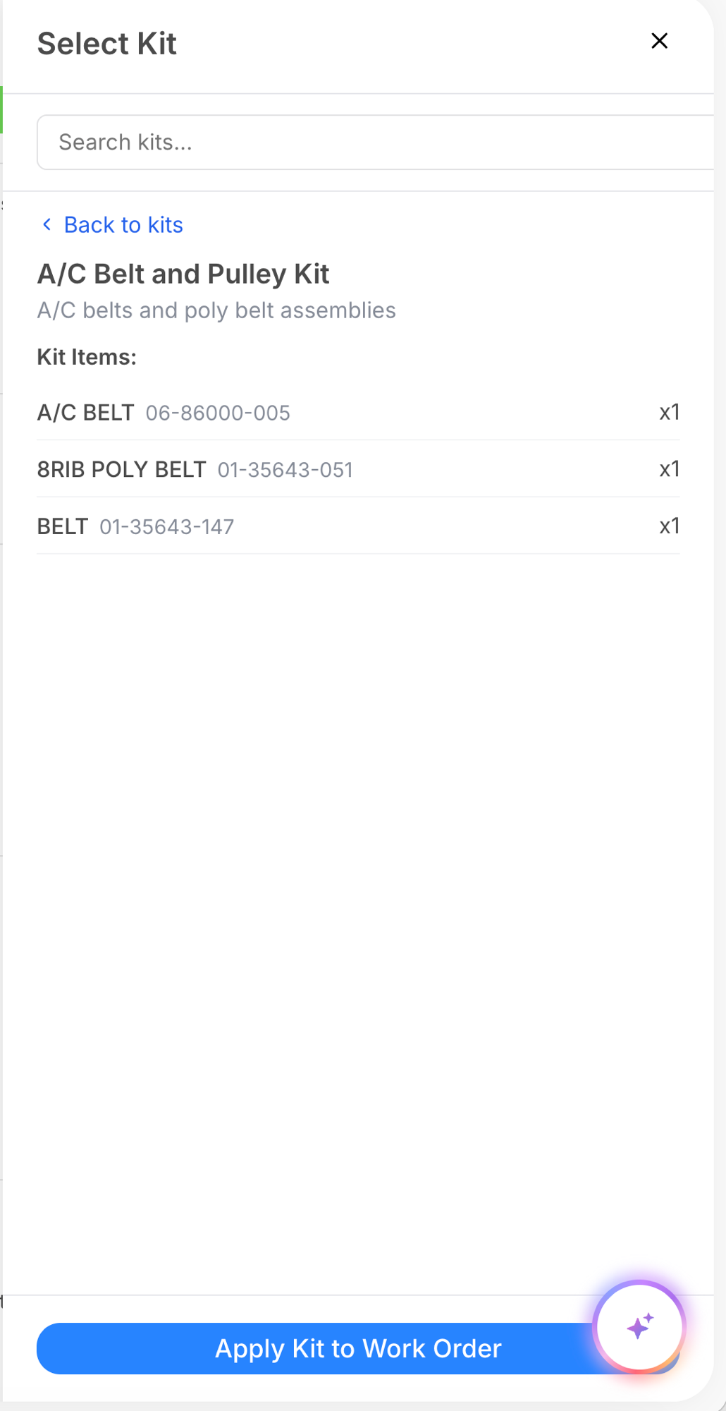 A/C Belt and Pulley Kit preview showing 3 items: A/C BELT, 8RIB POLY BELT, BELT