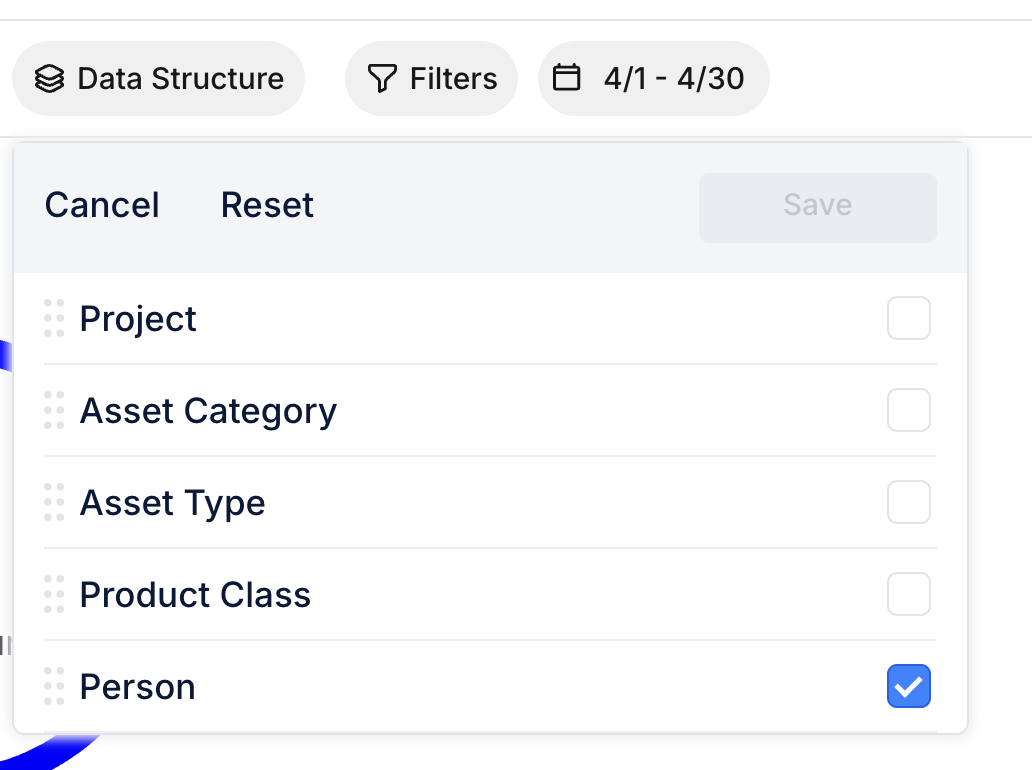 Data Structure panel showing Project, Asset Category, Asset Type, Product Class, and Person grouping options