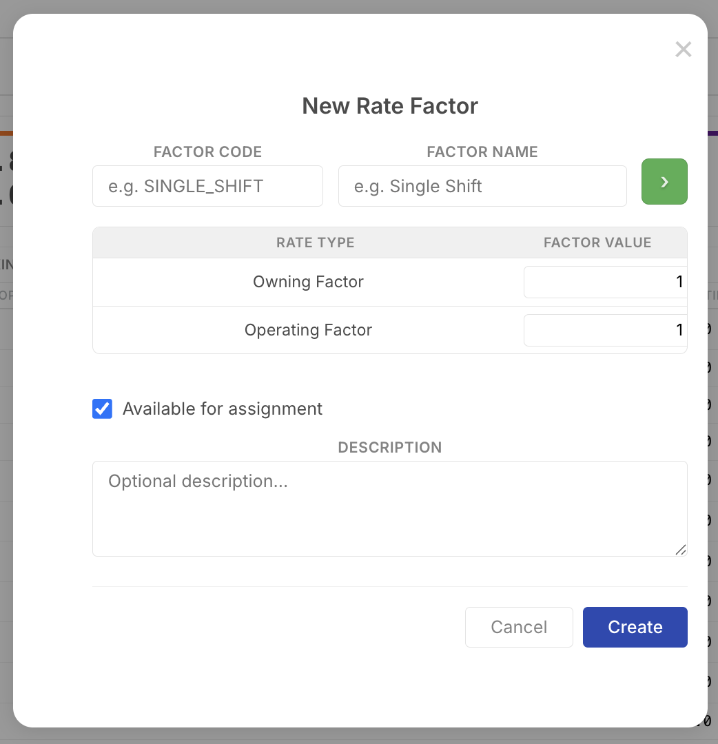 New Rate Factor dialog with factor code, name, owning factor, operating factor, available for assignment checkbox