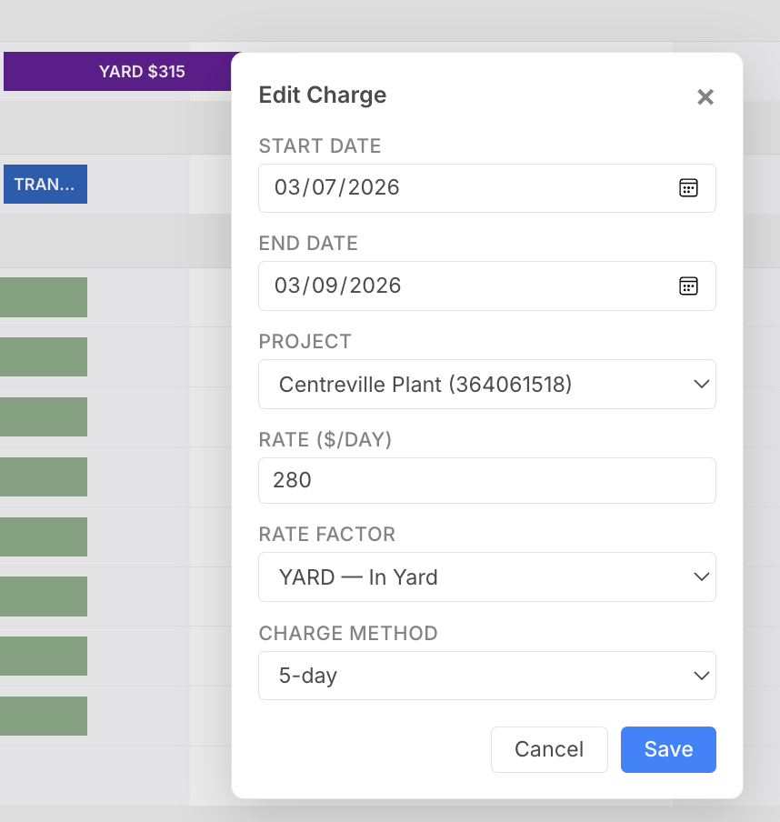 Edit Charge dialog with start date, end date, project, rate per day, rate factor (YARD - In Yard), and charge method (5-day)
