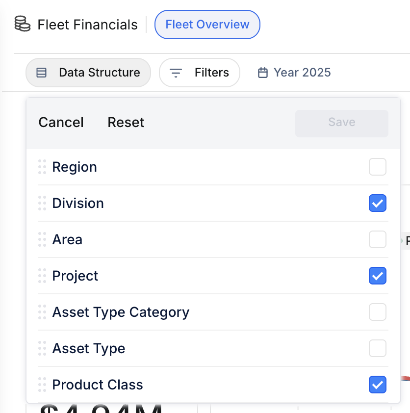 Data Structure panel with Region, Division, Area, Project, Asset Type Category, Asset Type, Product Class checkboxes