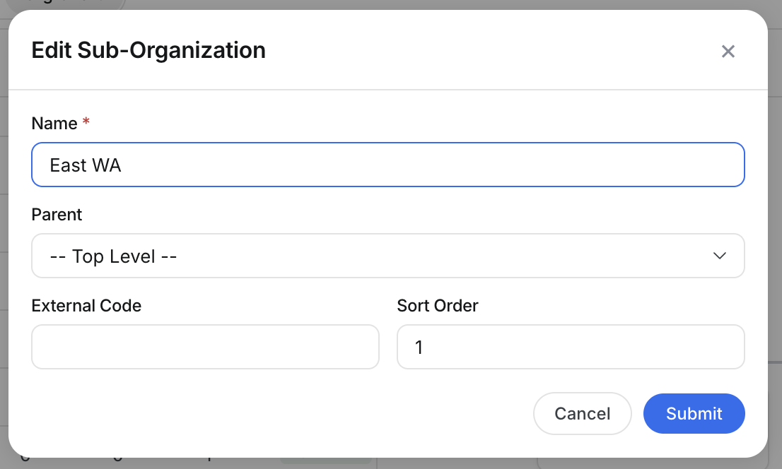 Edit Sub-Organization form with name, parent, external code, and sort order fields