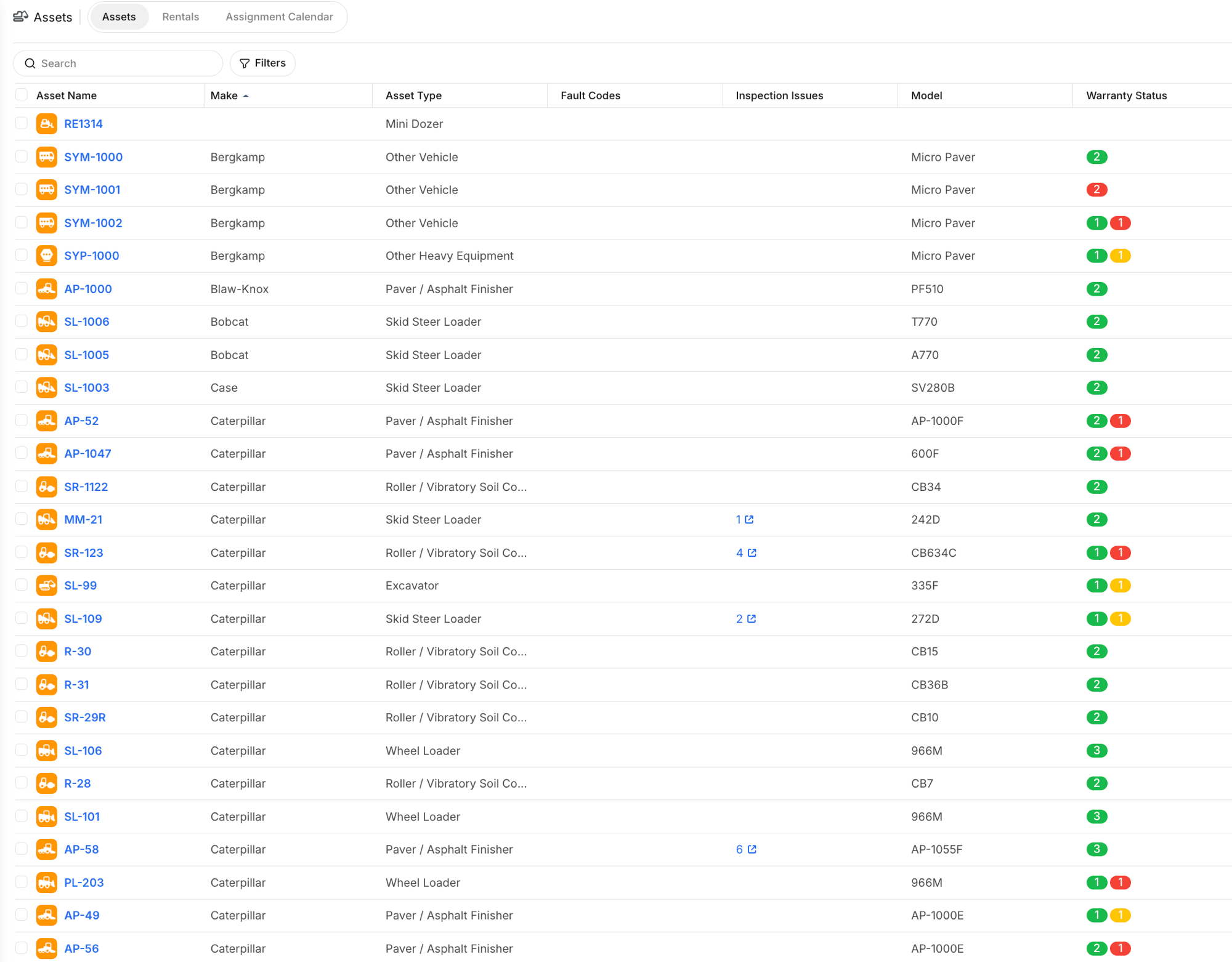 Asset directory showing Warranty Status column with color-coded badges