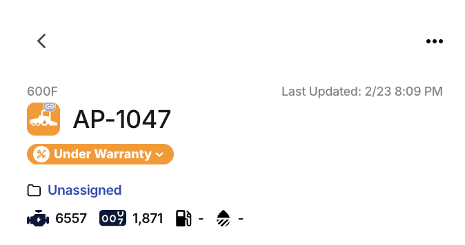 Mobile app showing Under Warranty banner on asset AP-1047
